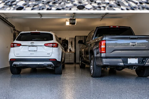 Finished garage floor coating with vehicles