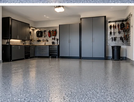 Durable coated garage floor with organized storage